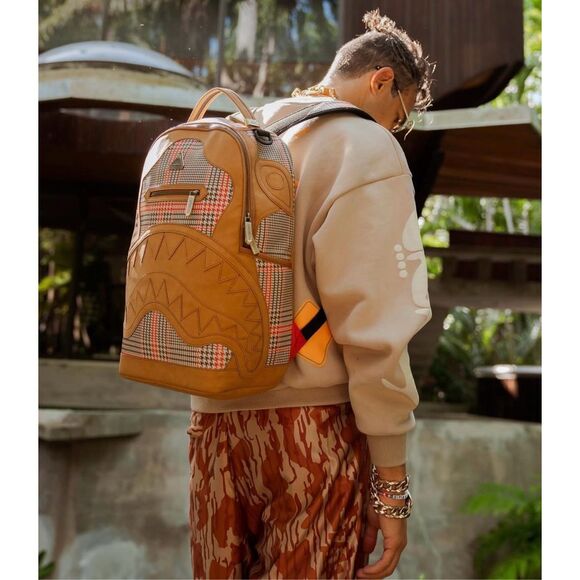Sprayground Turbo 500 DLXV plaid limited edition backpack tan vegan leather - Picture 2 of 16